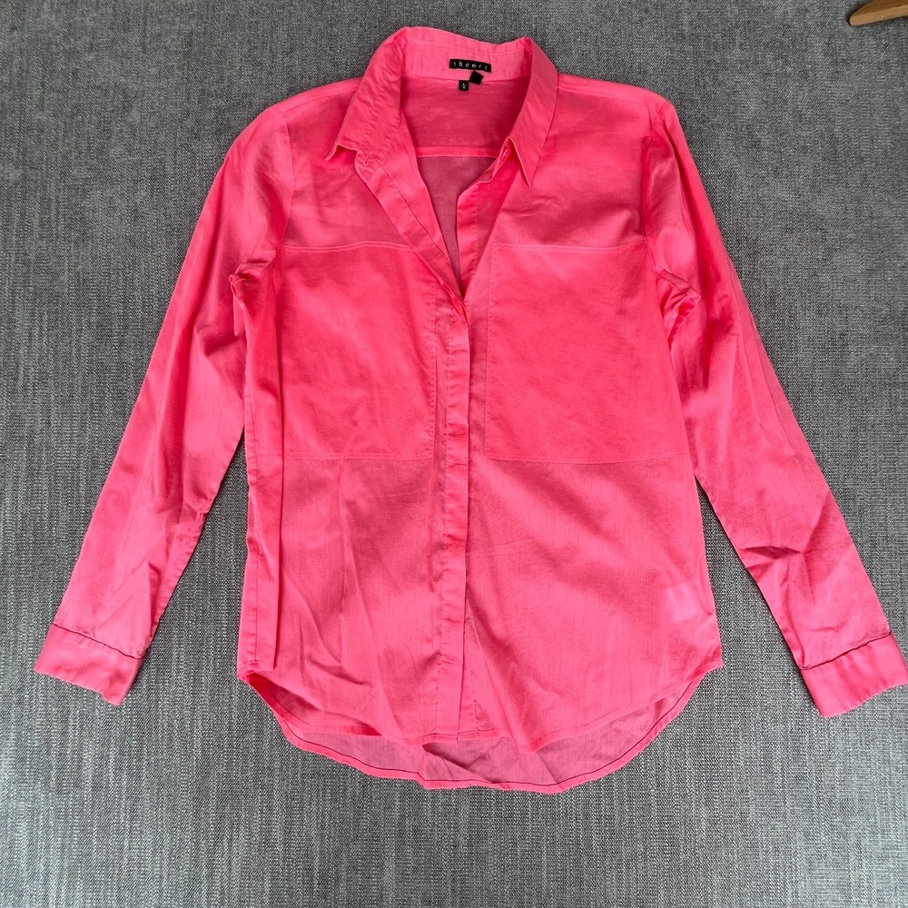 Theory Shirt Top Womens Large Hot Pink Vibrant Collared Office Classic Button-Up